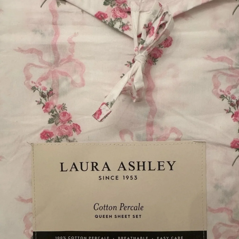 Laura Ashley Queen Pink Floral Ribbon Stripe Cotton 4Pc Sheet Set NEW